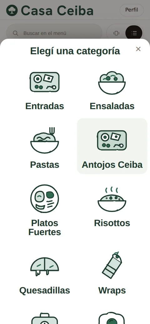 Selector de categorías de Casa Ceiba