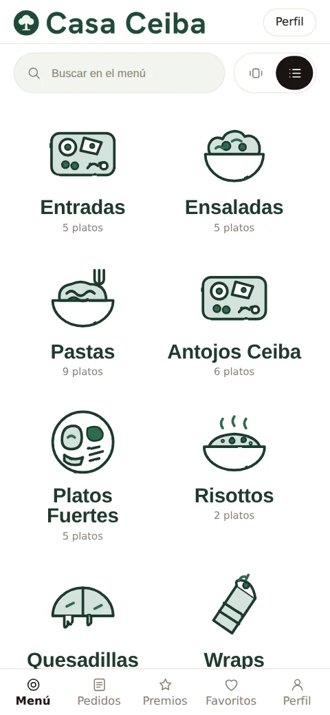Menú de Casa Ceiba con categorías dibujadas