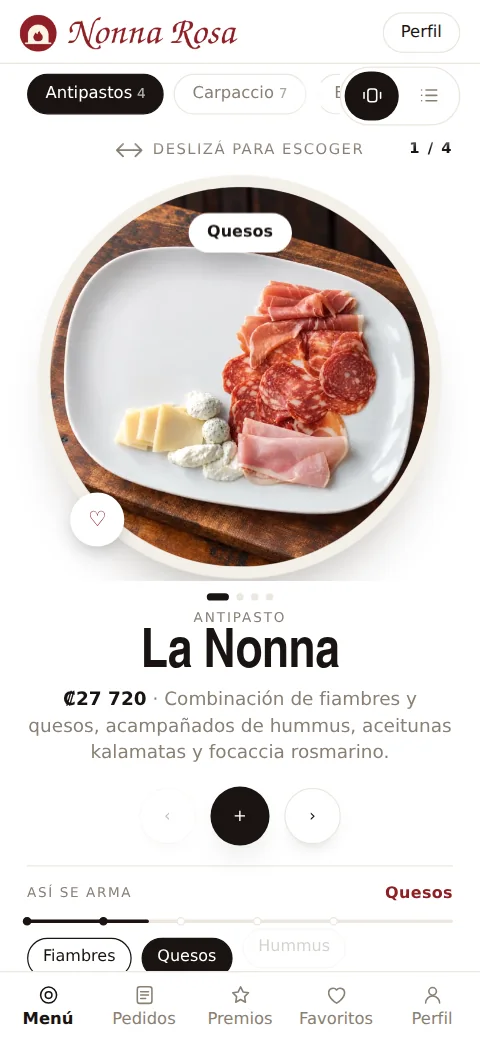 Menú de Nonna Rosa en carrusel con foto de plato