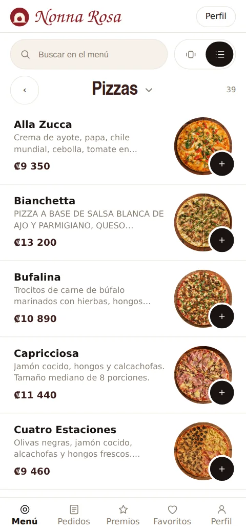 Lista de pizzas de Nonna Rosa con foto