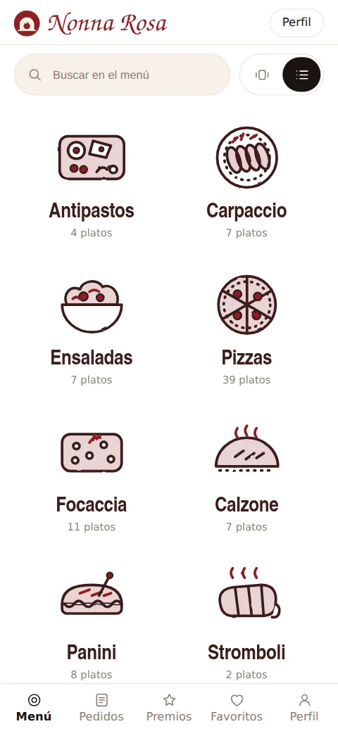 Menú de Nonna Rosa en lista con dibujos