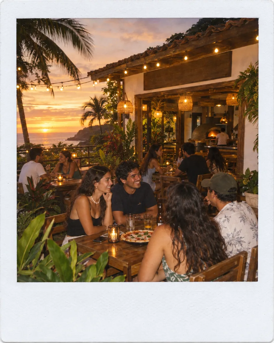 Pizzería con terraza al atardecer