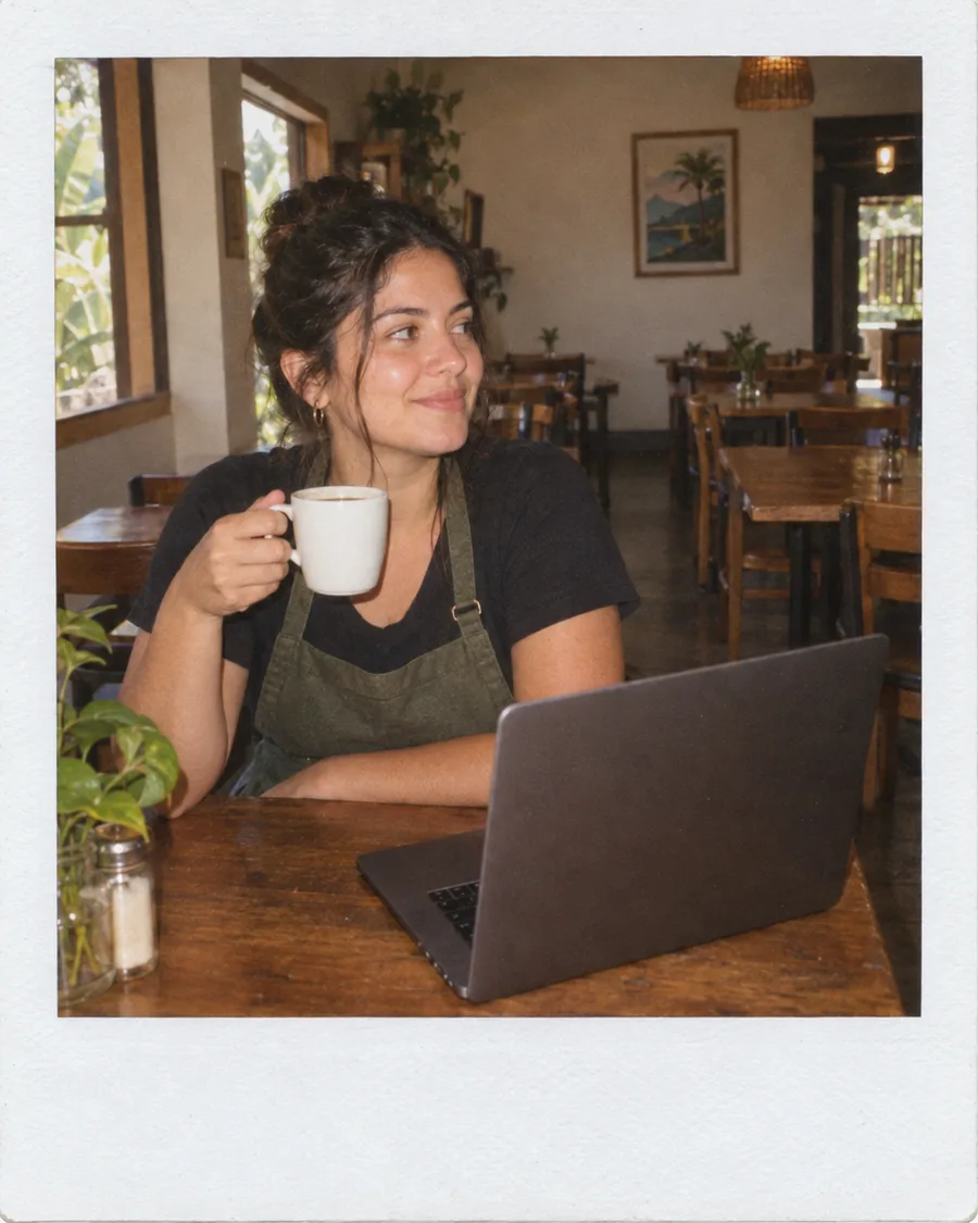 Dueña con su laptop antes de abrir