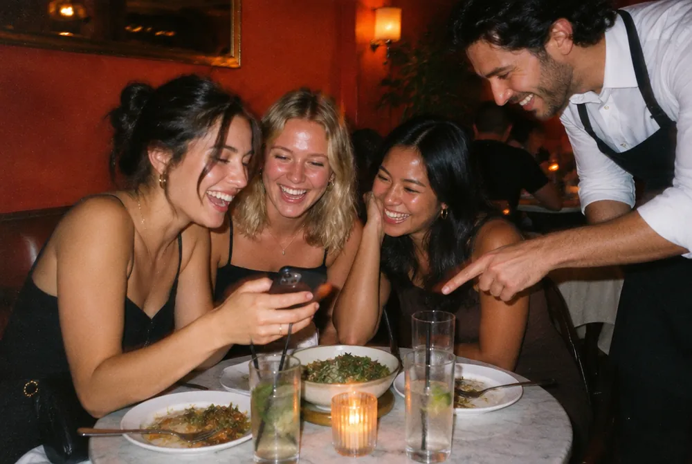 Tres amigas ríen frente a un teléfono mientras el salonero les señala la cuenta