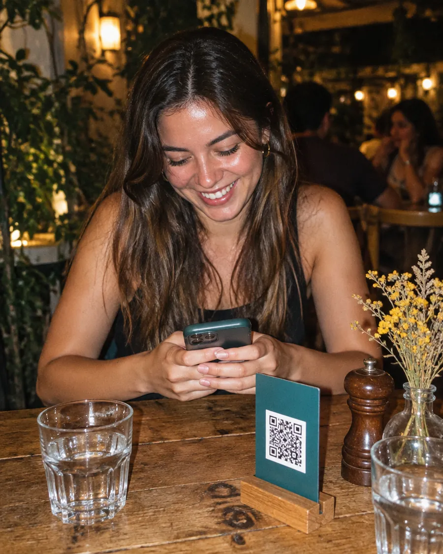Amigos en una mesa con el QR de pago