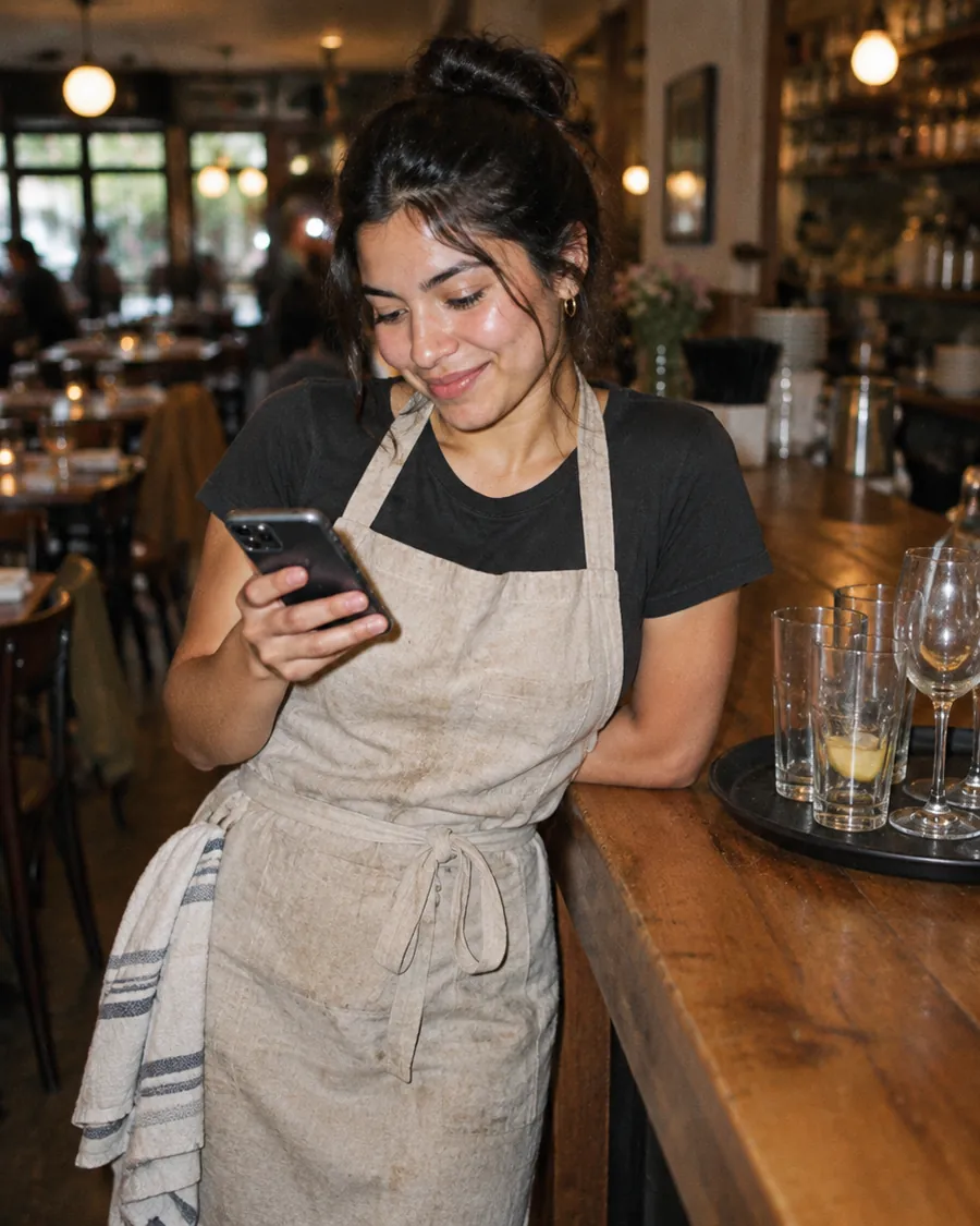 Una salonera revisa su teléfono con una leve sonrisa