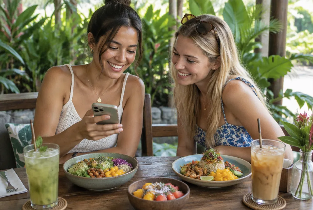 Dos amigas en una terraza dividen la cuenta desde el teléfono