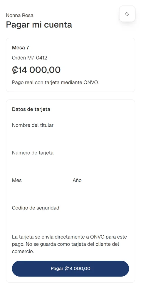 Pantalla real: Pagar mi cuenta, Mesa 7, total ₡14.000