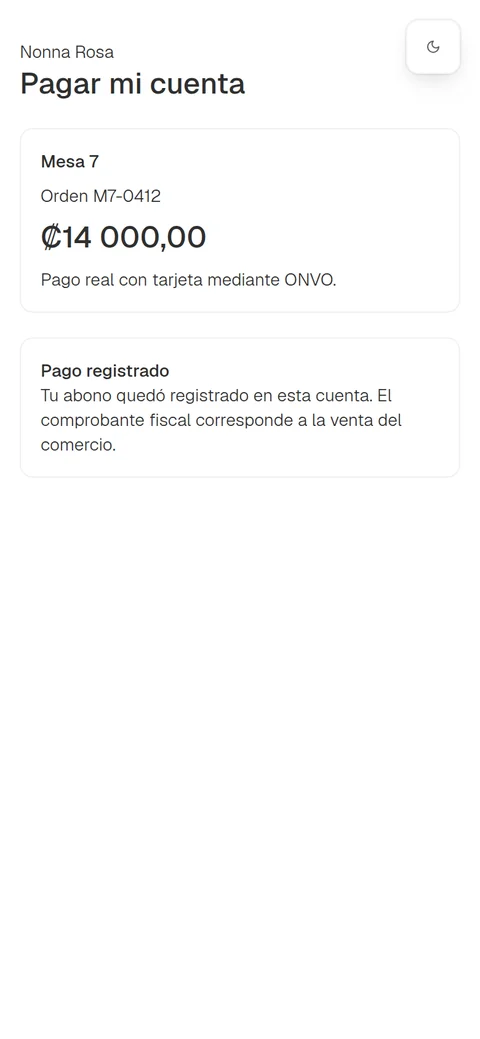 Pantalla real: pago registrado